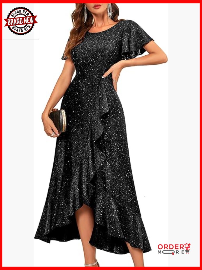 Sequin Formal Maxi Dress Flutter Short Sleeve A-Line Boat Neck High Low Hem
